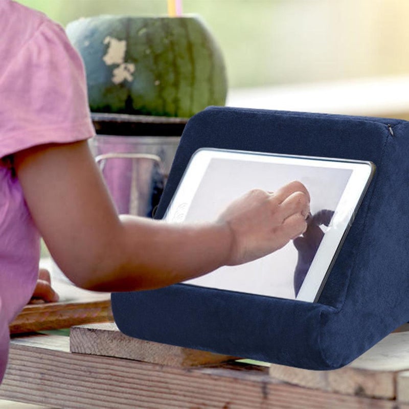 Linen-Cotton Pillow Tablet Phone Holder – Soft Foam Cushion Stand with Side Pocket, Compatible with 4-13 Inch iPad/Kindle/iPhone, Hands-Free for Home/Office/Travel (blue) - Image 3